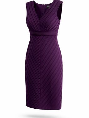 Adrianna Papell Deep Purple Pleated V-Neck Midi Sheath Dress